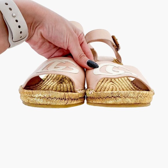 Gucci Flor GG Espadrille Wedge Sandals EU 39.5 US 9.5 Pink Gold Platform Heel - Picture 5 of 11
